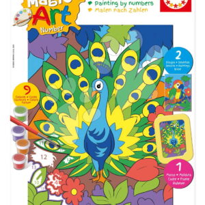 Malování podle čísel Papoušek a páv Magic Art Number Peacock & Parrot Educa 2 obrázky s rámečkem a 9 barev se štětcem a paletou od 6 let