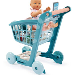 Nákupní vozík s panenkou 30 cm Trolley Doll Vert Azur Écoiffier 8 doplňků se smartphonem od 18 měsíců