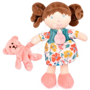 Panenka pro miminka Mrs Petunia My First Doll Jolijou 21 cm ve vzorovaných šatech s medvídkem z jemného textilu od 0 měsíců