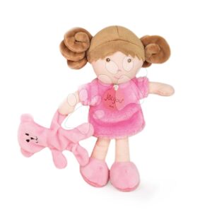 Panenka pro miminka Mrs Rose My First Doll Jolijou 21 cm v růžových šatech s pejskem z jemného textilu od 0 měsíců