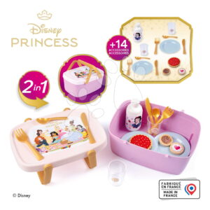 Piknikový košík a stolek 2v1 Princezny Disney Picnic Basket Smoby 14 doplňků s jídelní soupravou