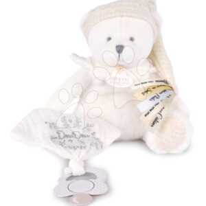 Plyšový medvídek s klipsem na dudlík Doudou 25 Years Dummy Holder White Doudou et Compagnie narozeninová edice bílý 20 cm od 0 měsíců
