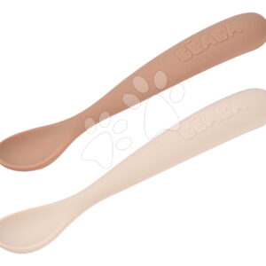 První tréninkové lžičky First Age Silicone Spoons Clay Duo Beaba ze silikonu pro samostatné jídlo v praktickém obalu 2 kusy hnědé od 4 měsíců