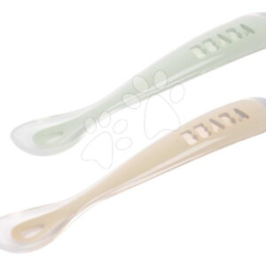 První tréninkové lžičky First Age Silicone Spoons Clay Misty Green Duo Beaba ze silikonu pro samostatné jídlo v praktickém obalu 2 kusy hnědo-zelené od 4 měsíců