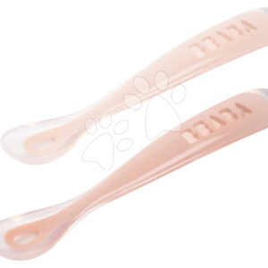 První tréninkové lžičky First Age Silicone Spoons Cotton Candy Sorbet Duo Beaba ze silikonu na samostatné jedení v praktickém obalu 2 kusy růžové od 4 měsíců