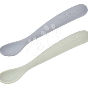První tréninkové lžičky First Age Silicone Spoons Nature Duo Beaba ze silikonu pro samostatné jídlo v praktickém obalu 2 kusy zeleno-modré od 4 měsíců