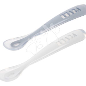 První tréninkové lžičky First Age Silicone Spoons Pebble Cloud Blue Duo Beaba ze silikonu pro samostatné jídlo v praktickém obalu 2 kusy modro-bílé od 4 měsíců