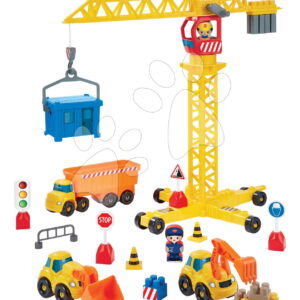 Stavebnice s jeřábem a pracovními stroji Public Works Abrick Écoiffier se 3 autíčky a 2 figurkami