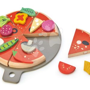 Dřevěná Pizza Party Tender Leaf Toys se 6 křupavými díly a 12 potravinami
