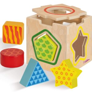 Dřevěná didaktická kostka Color Shape Sorting Box Eichhorn s 5 vkládacími tvary od 12 měsíců