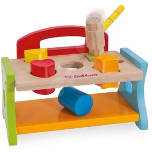 Dřevěná zatloukačka s kostkami Hammering Bench Eichhorn s kladivem a 5 různých barevných tvarů a barev 7 dílů od 12 měsíců