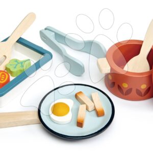 Dřevěné nádobí s pánví Pots and Pans Tender Leaf Toys s vařečkou a potravinami
