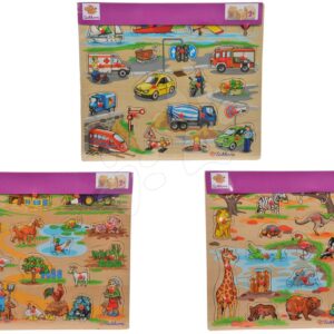 Dřevěné puzzle Pin Puzzle Eichhorn 21 vkládacích tvarů s obrázky safari farma dopravní prostředky od 24 měsíců