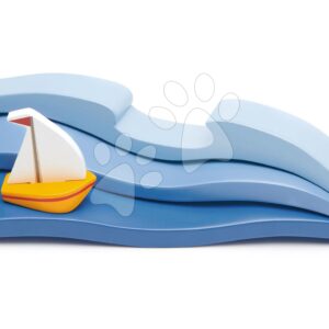 Dřevěný oceán Blue Water Tender Leaf Toys s třemi vlnami a loďkou
