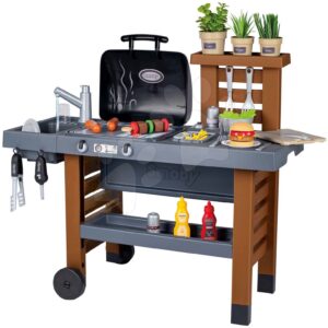 Gril na zahradu s kuchyňkou Garden Kitchen Evolutive Smoby výškově nastavitelný s tekoucí vodou z kohoutku a 43 doplňků