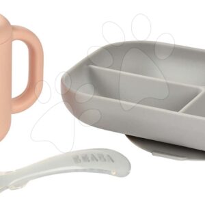 Jídelní souprava s hrníčkem a lžičkou Silicone learning set Beaba pro miminka na učení se samostatnosti od 8 měsíců růžová