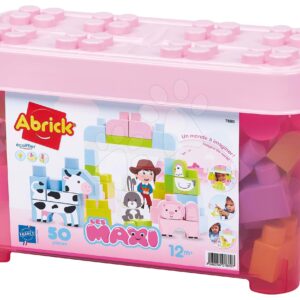 Stavebnice v dóze se zvířátky Farm Animals Barrel Les Maxi Abrick Écoiffier růžová s 50 kostkami od 12 měsíců