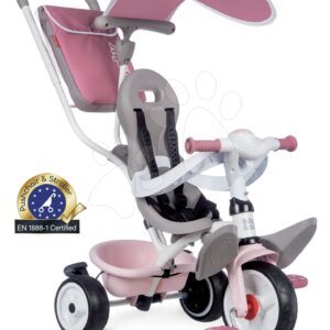Tříkolka a kočárek v jednom s vysokou opěrkou Baby Balade Plus Tricycle Pink Smoby s brzdou a EVA koly růžová od 10 měsíců