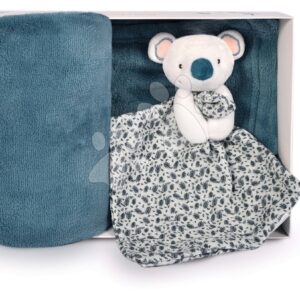 Deka pro nejmenší Yoca le Koala Doudou et Compagnie s plyšovou koalou na mazlení modrá 70*100 cm v dárkovém balení od 0 měsíců