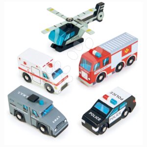 Dřevěná záchranářská vozidla Emergency Vehicles Tender Leaf Toys 5 druhů autíček