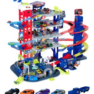 Garáž s motorizovaným výtahem 6patrová Super Chase Center Majorette se zvukem a světlem elektronický vláček se 4 autíčky od 5 let