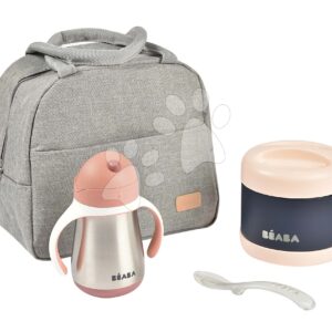 Jídelní sada On-the-go Mealtime Beaba Old Pink s izotermickou taškou a hrnkem s termoskou na jídlo a lžičkou na krmení sivo-růžová od 8 měs