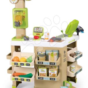 Obchod Bio Ovoce-Zelenina Organic Fresh Market Smoby s dávkovačem cereálií a elektronický skener se 43 doplňky