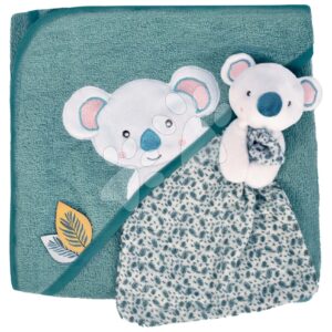 Osuška s kapucí pro nejmenší Yoca le Koala Doudou et Compagnie s plyšovou koalou na mazlení modrá 80*80 cm od 0 měsíců