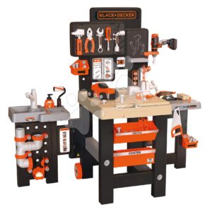 Pracovní stůl trojkolový Black&Decker Mega Center Smoby strojírenství instalatérství malování a testování 100 doplňků 103 cm výška