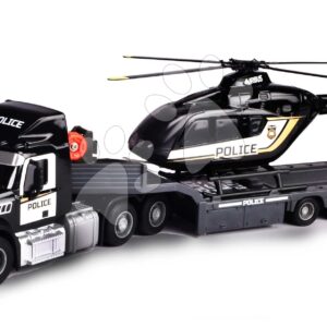 Tahač s přívěsem a policejní helikoptéra Mack Truck Police Helicopter Majorette se zvukem a světlem s gumovými kolečky délka 35 cm