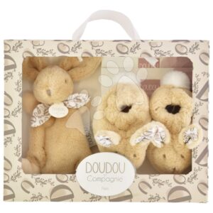 Dárková sada pro miminko Slipper Gift Set Beige Lapin Doudou et Compagnie bačkůrky a zajíček na mazlení béžová 15 cm v dárkovém balení od 0 měsíců