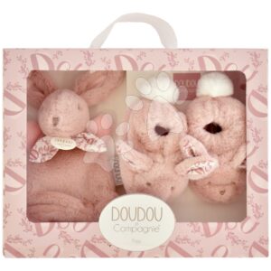 Dárková sada pro miminko Slipper Gift Set Pink Lapin Doudou et Compagnie bačkůrky a zajíček na mazlení růžová 15 cm v dárkovém balení od 0 měsíců