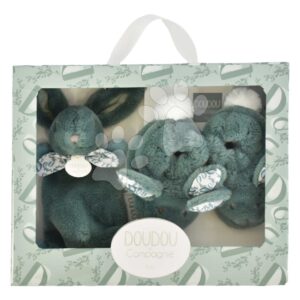 Dárková sada pro miminko Slipper Gift Set Sage Green Lapin Doudou et Compagnie bačkůrky a zajíček na mazlení zelená 15 cm v dárkovém balení od 0 měsíců