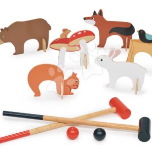 Dřevěná sada na kroket Woodland Indoor Croquet Set Tender Leaf Toys 2 hole s míčky a 6 branek ve tvaru zvířátek v plátěné tašce