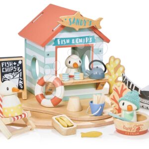 Dřevěný stánek s občerstvením na pláži Sandy´s Beach Hut Tender Leaf Toys s lehátkem a 3 figurky racků