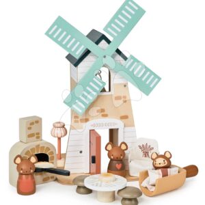 Dřevěný větrný mlýn Penny Windmill Tender Leaf Toys s pecí na pečení chleba a 3 figurky myšek