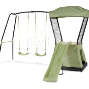 Hrací věž multifunkční se 2 houpačkami Ivy play tower double swing Exit Toys se stanem pískovištěm a skluzavkou kovová konstrukce