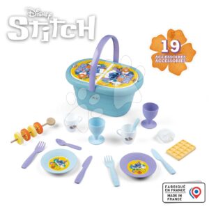 Košík s jídelní soupravou a skleničkami Stitch Picnic Basket Smoby s 19 doplňky