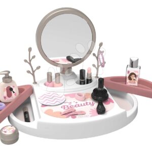 Kosmetický stolek s polohovatelným zrcadlem My Beauty Studio Smoby s otočnými poličkami a stromky na zavěšení šperků s 15 doplňky