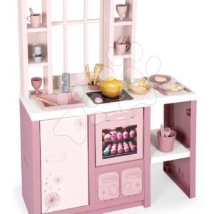 Kuchyňka elektronická s magickými těstovinami Loft Fleur Pink 360° Smoby růžová se zvukem oboustranná s 27 doplňky 50 cm pracovní deska