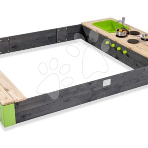 Pískoviště s kuchyňkou s tekoucí vodou Aksent Wooden Sandpit Exit Toys objem 440 kg s kuchyňskými doplňky 200*140 cm od 3 let