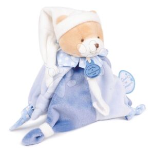 Plyšový medvídek s klipsem na dudlík Ours Petit Chou Doudou Dummy Holder Doudou et Compagnie v dárkovém balení modrý 17 cm od 0 měsíců