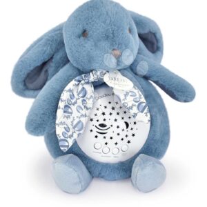 Plyšový zajíček Musical Night Light Star Projector Blue Doudou et Compagnie se světlem hudbou a bílým šumem modrý 19 cm od 0 měsíců