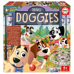 Společenská hra Cestování s pejsky Travel Doggies Educa hrací deska se 4 figurkami a 16 žetony ve španělštině angličtině francouzštině a portugalštině