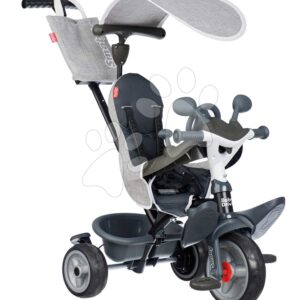 Tříkolka a kočárek v jednom s brzdou Baby Driver Grey Tricycle Smoby s intuitivním ovládáním a tichými EVA kolečky šedá od 10 měsíců