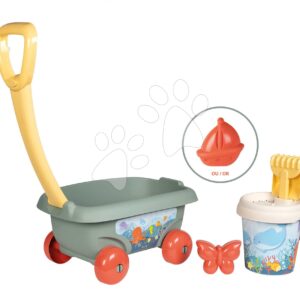 Vozík na tahání s kbelík setem Beach Cart Life Smoby s lopatkou hrabičkami a bábovičkami od 18 měsíců